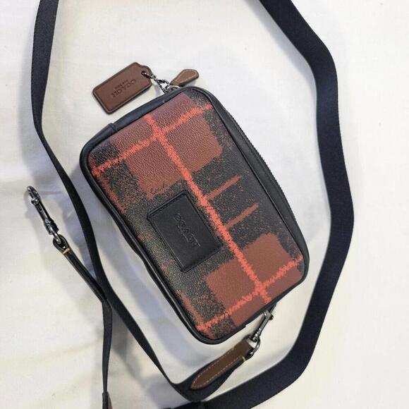 New COACH Carrier Phone Crossbody With Window Pane Plaid Print Black Brown - Picture 4 of 8